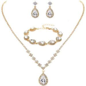 NIP Gold Bridal Crystal Necklace Earrings Set Bridal or prom Wedding Jewelry Set